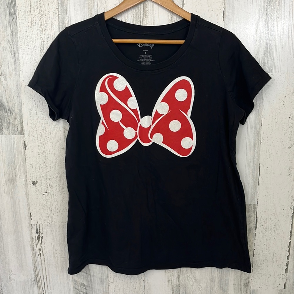 womens black minnie mouse bow short sleeve top fits like size L or XL DISNEY